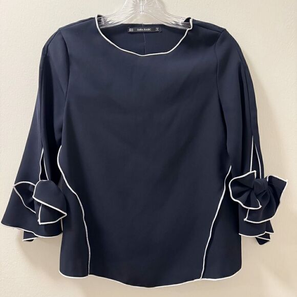 Zara Navy & White Contrast Piping Bow Long Sleeve Blouse - Size XS - Picture 1 of 7